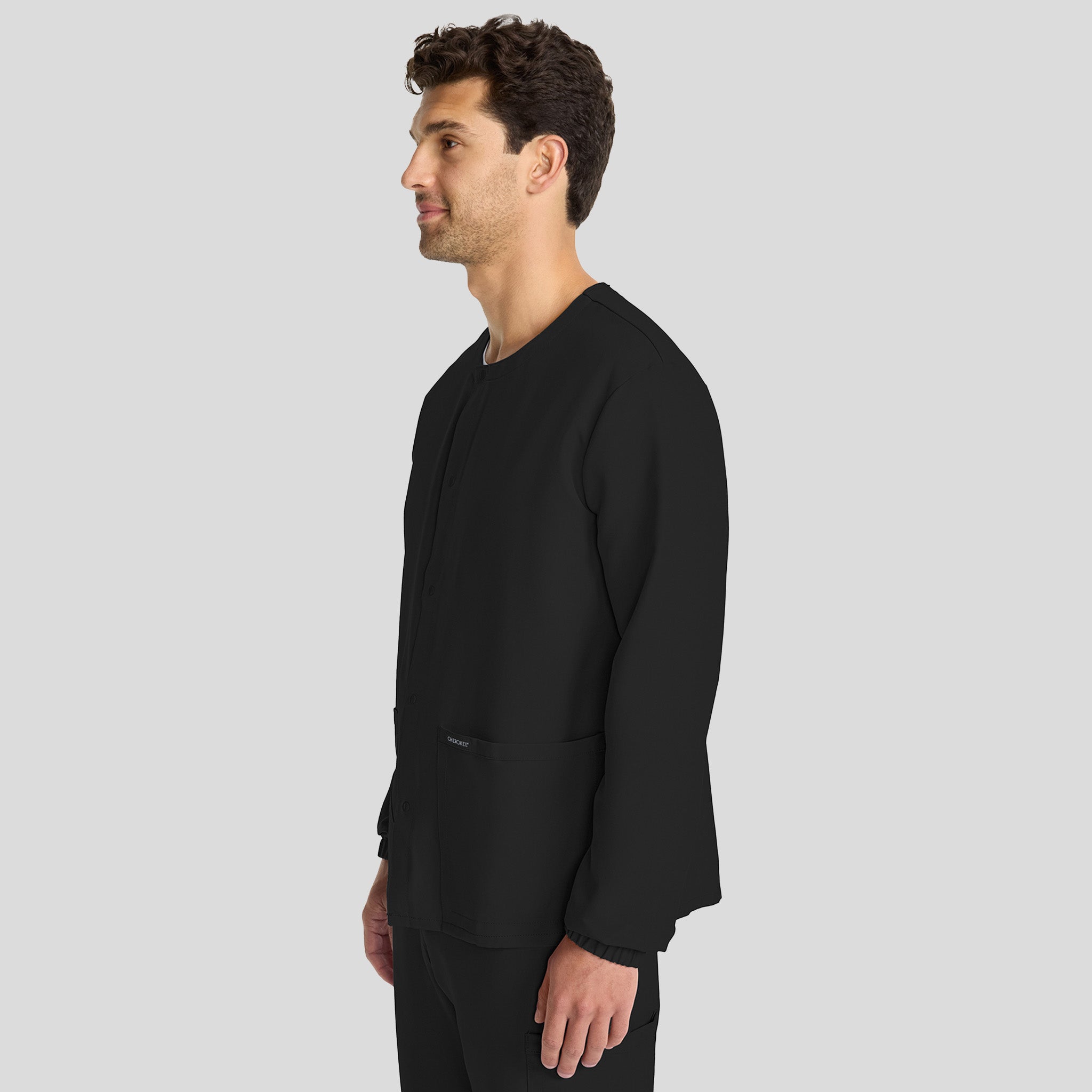 Unisex Snap-Front Crew Neck Scrub Jacket | Black