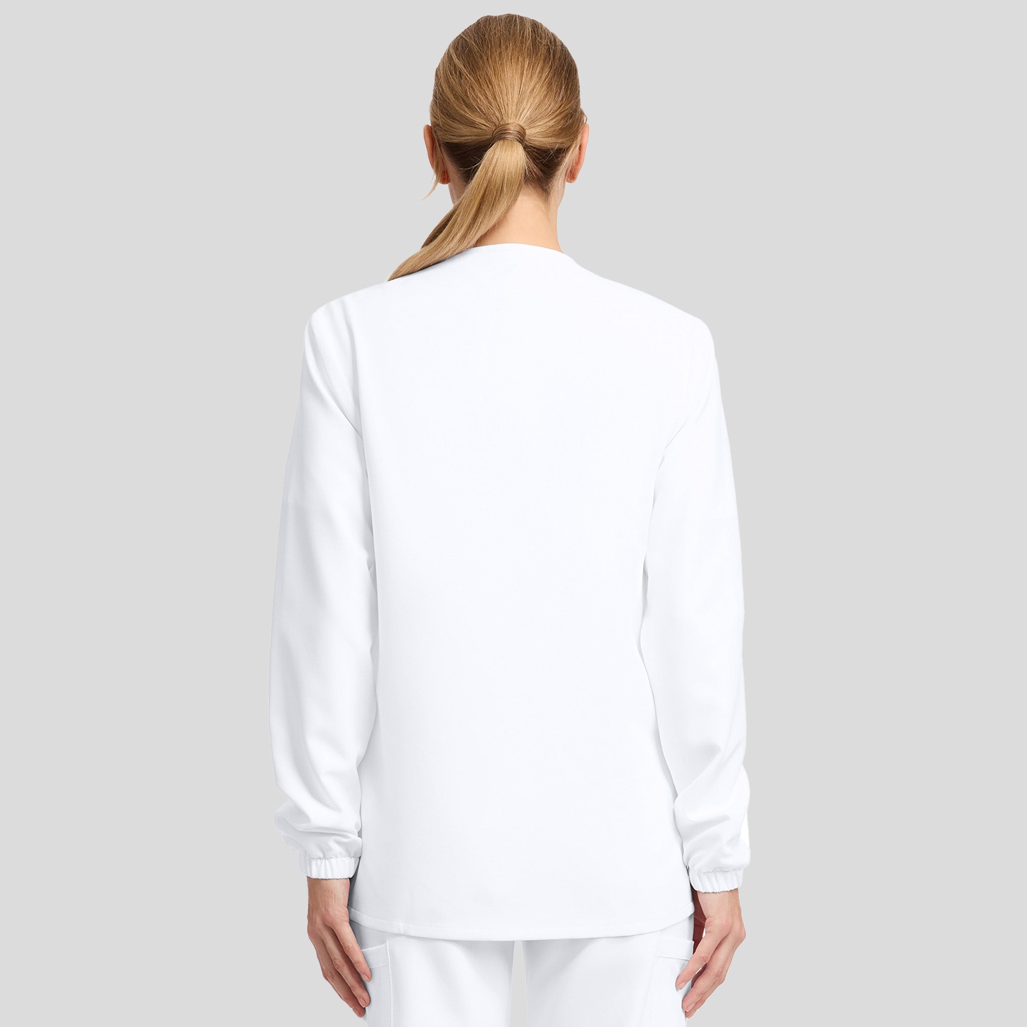 Unisex Snap-Front Crew Neck Scrub Jacket | White