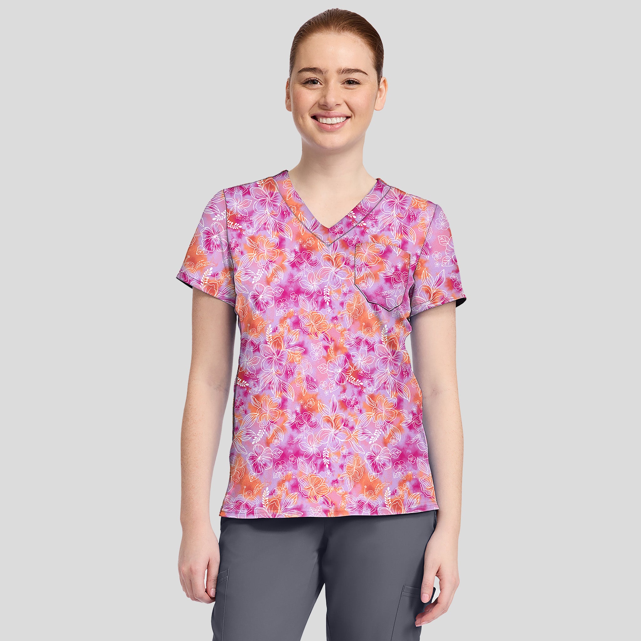 1-Pocket STRETCH V-Neck Print Scrub Top | Hello Hibiscus