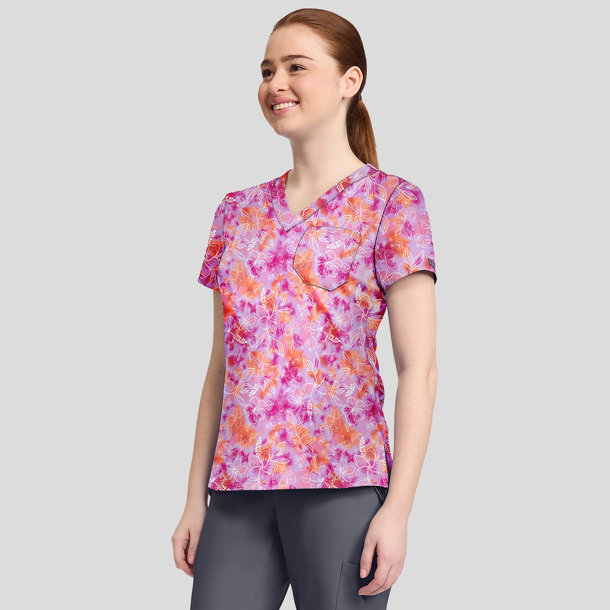 1-Pocket STRETCH V-Neck Print Scrub Top | Hello Hibiscus