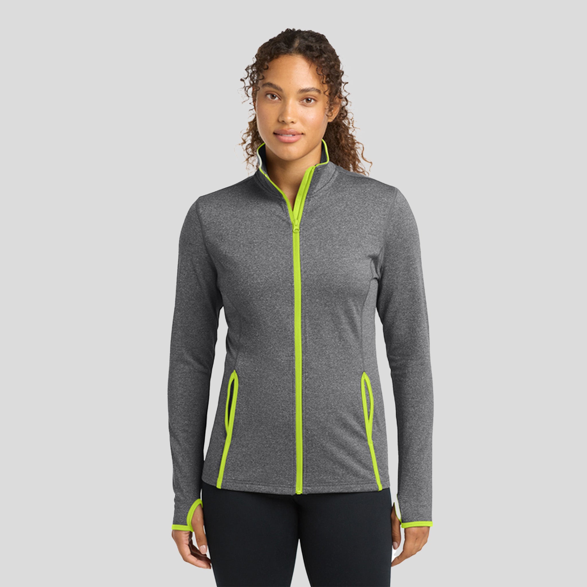Women's Sport-Wickยฎ Stretch Contrast Full-Zip Jacket | Charcoal Grey Heather/Charge Green