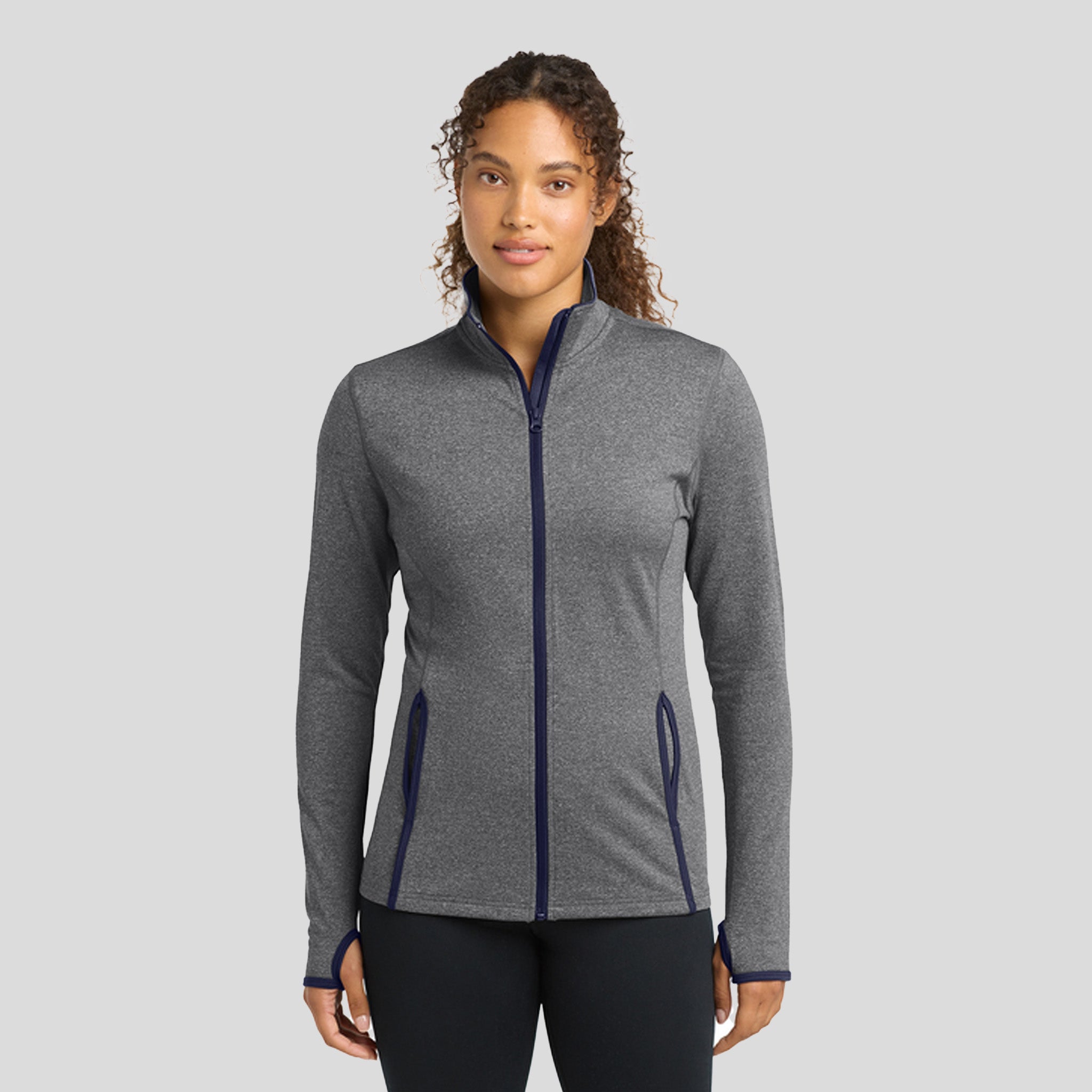 Women's Sport-Wickยฎ Stretch Contrast Full-Zip Jacket | Charcoal Grey Heather/True Navy