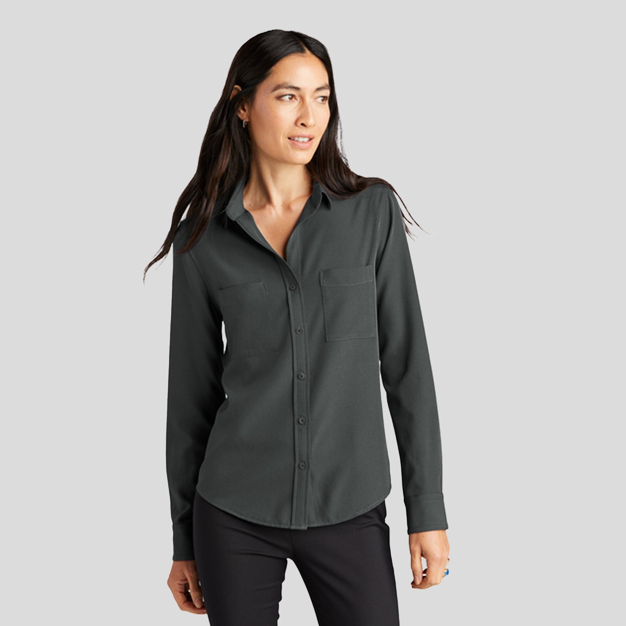 Women's Stretch Crepe Long Sleeve Camp Blouse | Anchor Grey