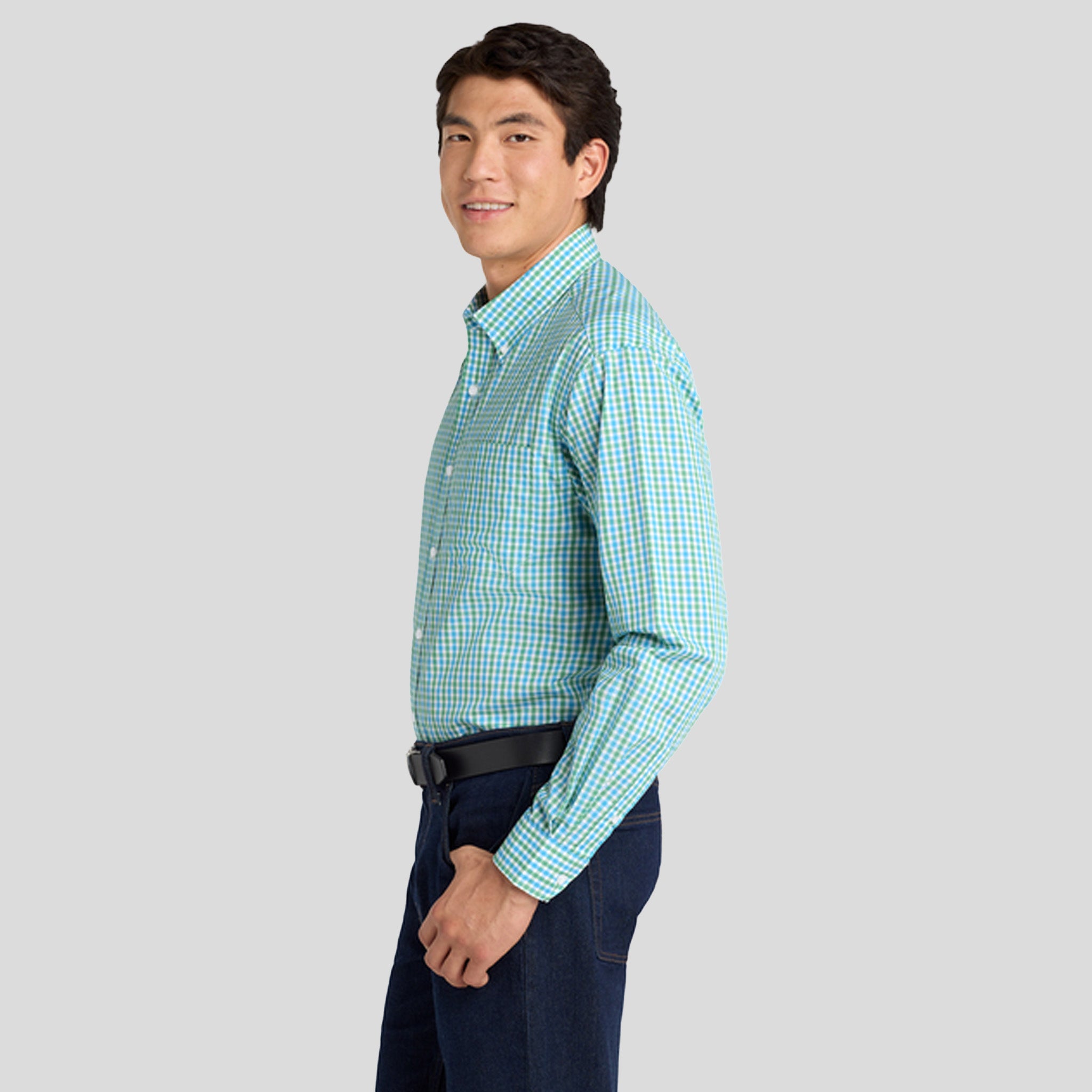 Long Sleeve Gingham Easy Care Shirt | Green/Aqua