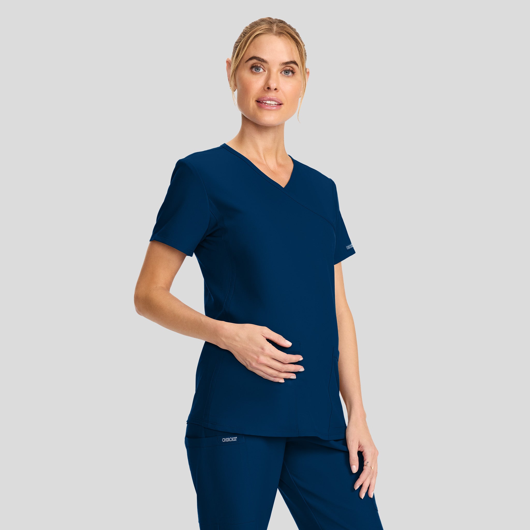 Maternity 2-Pocket Mock Wrap Scrub Top | Navy