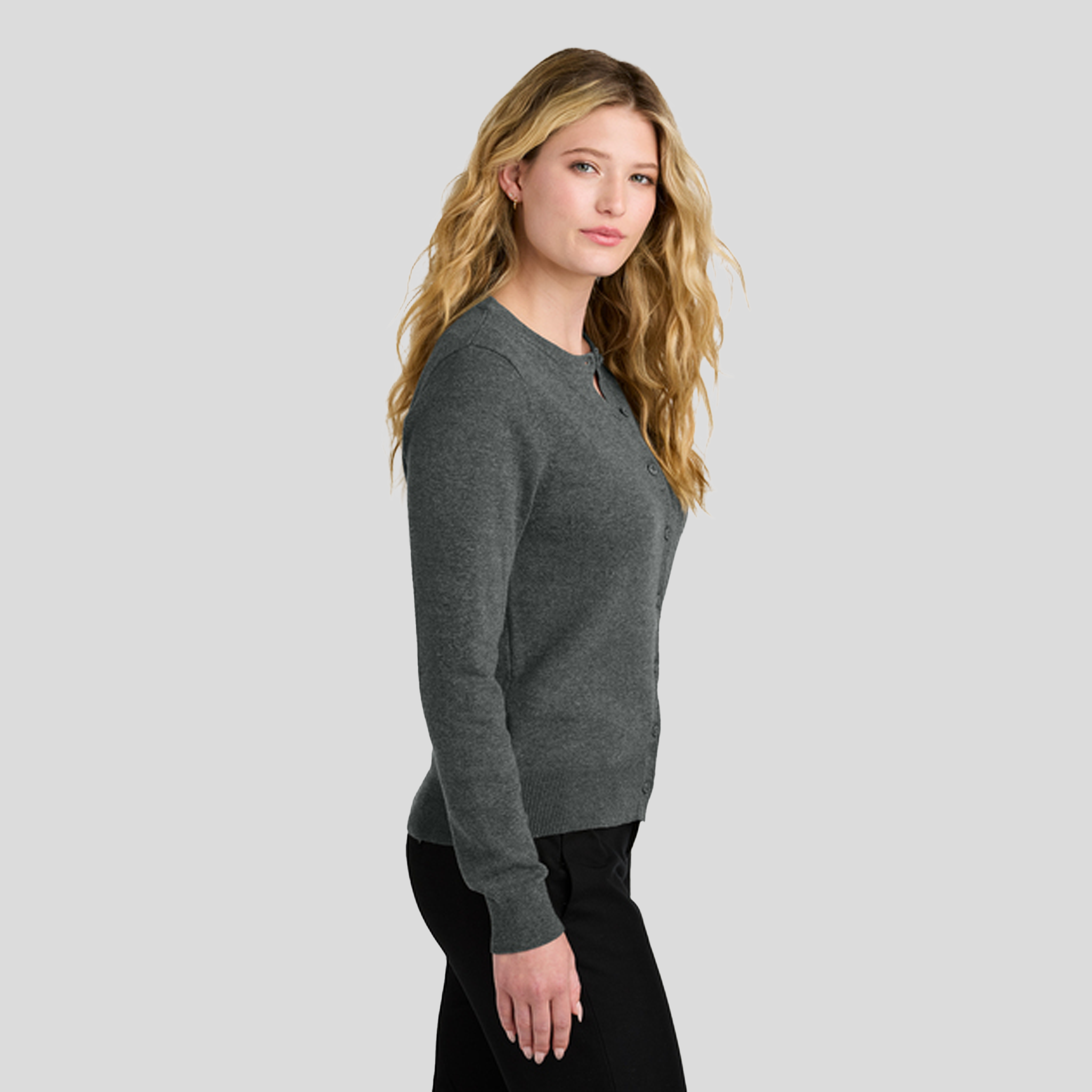 Women’s Easy Care Crewneck Cardigan Sweater | Charcoal Heather