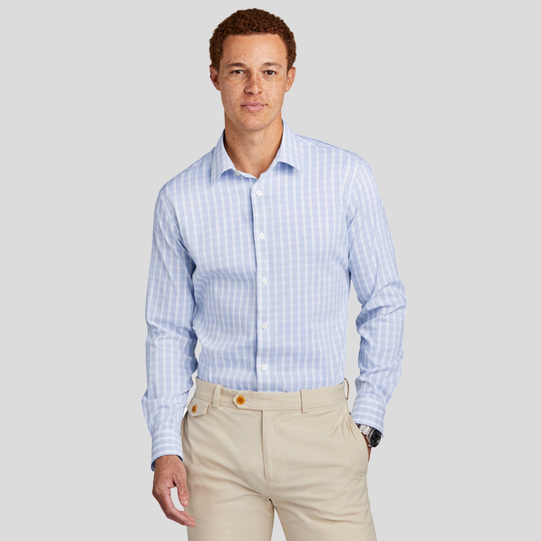 Tech Stretch Patterned Shirt | White/Newport Blue Grid Check